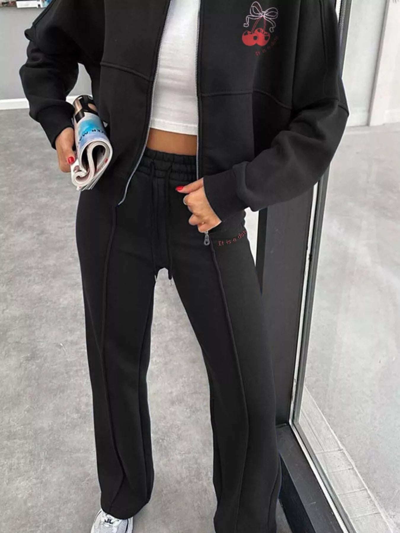 Zip Up Dropped Shoulder Outerwear and Pants Set - DILARIA