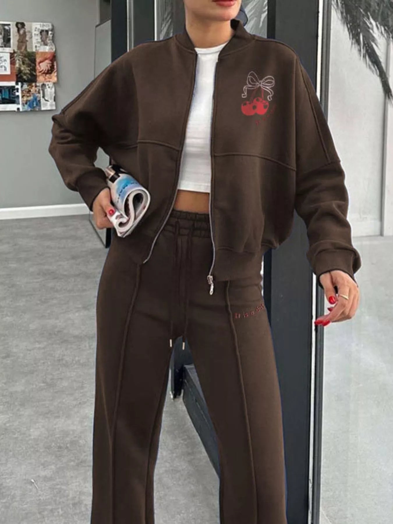 Zip Up Dropped Shoulder Outerwear and Pants Set - DILARIA