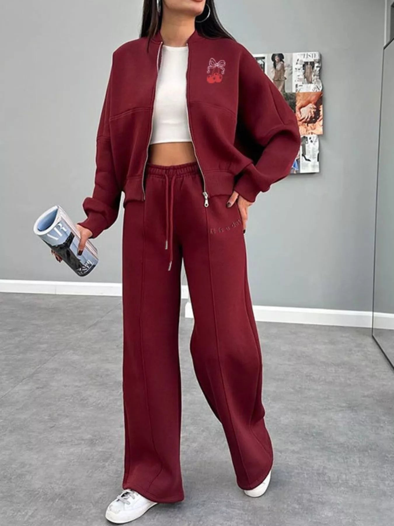 Zip Up Dropped Shoulder Outerwear and Pants Set - DILARIA