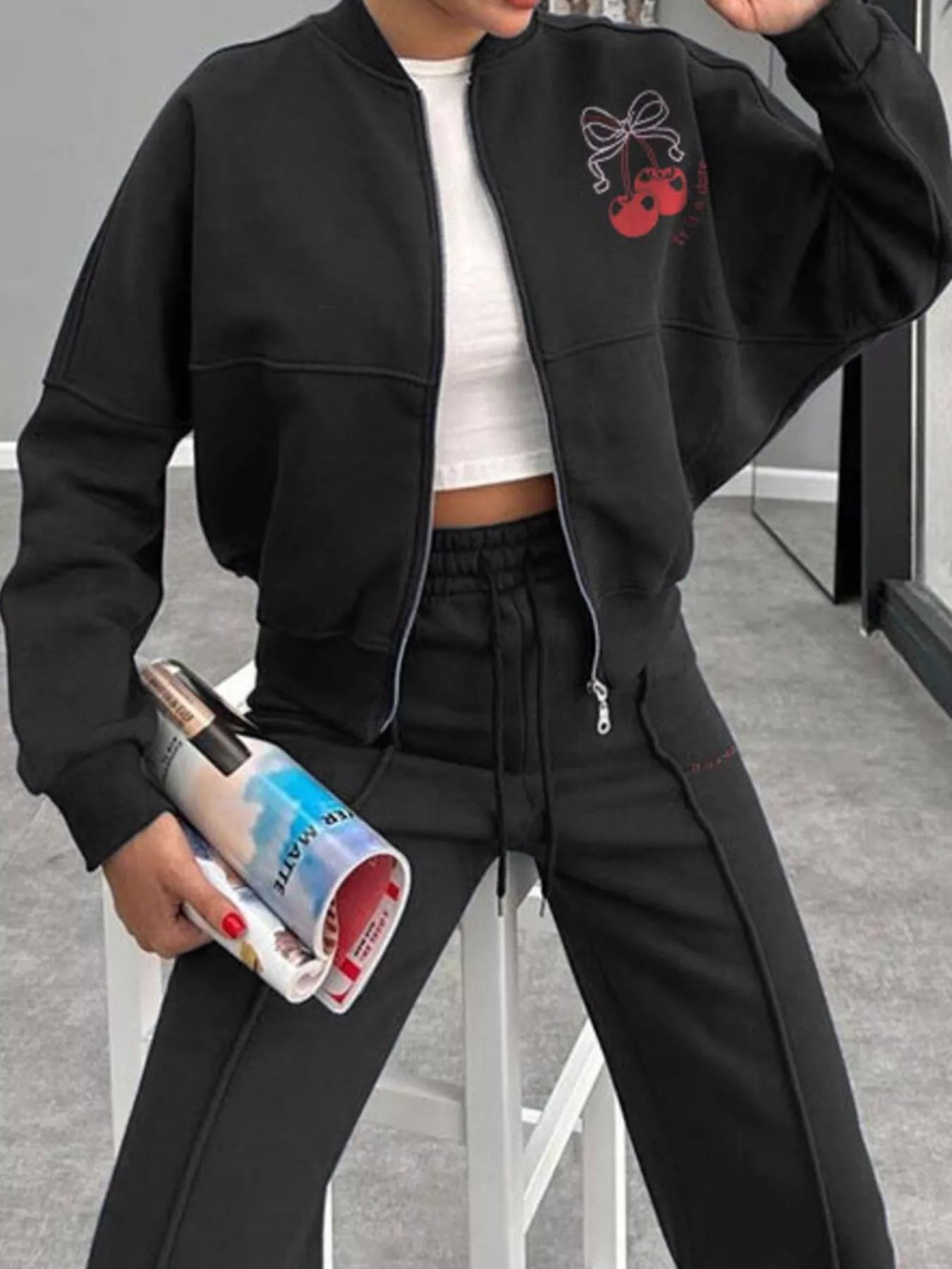 Zip Up Dropped Shoulder Outerwear and Pants Set - DILARIA