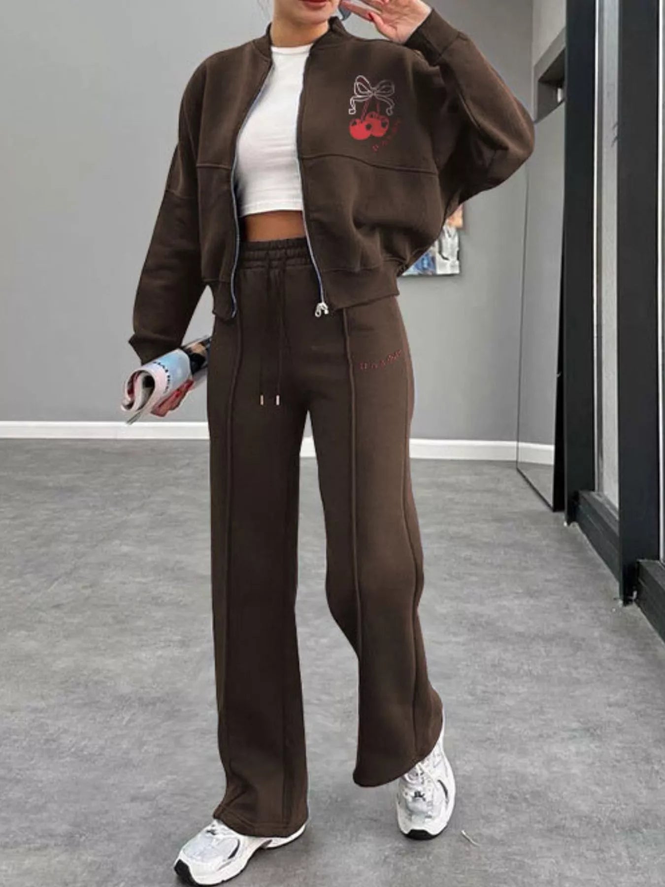 Zip Up Dropped Shoulder Outerwear and Pants Set - DILARIA