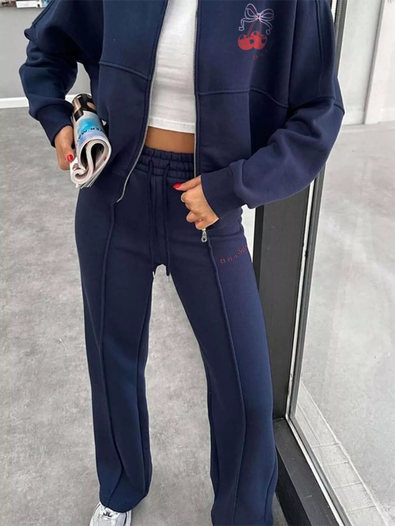 Zip Up Dropped Shoulder Outerwear and Pants Set - DILARIA