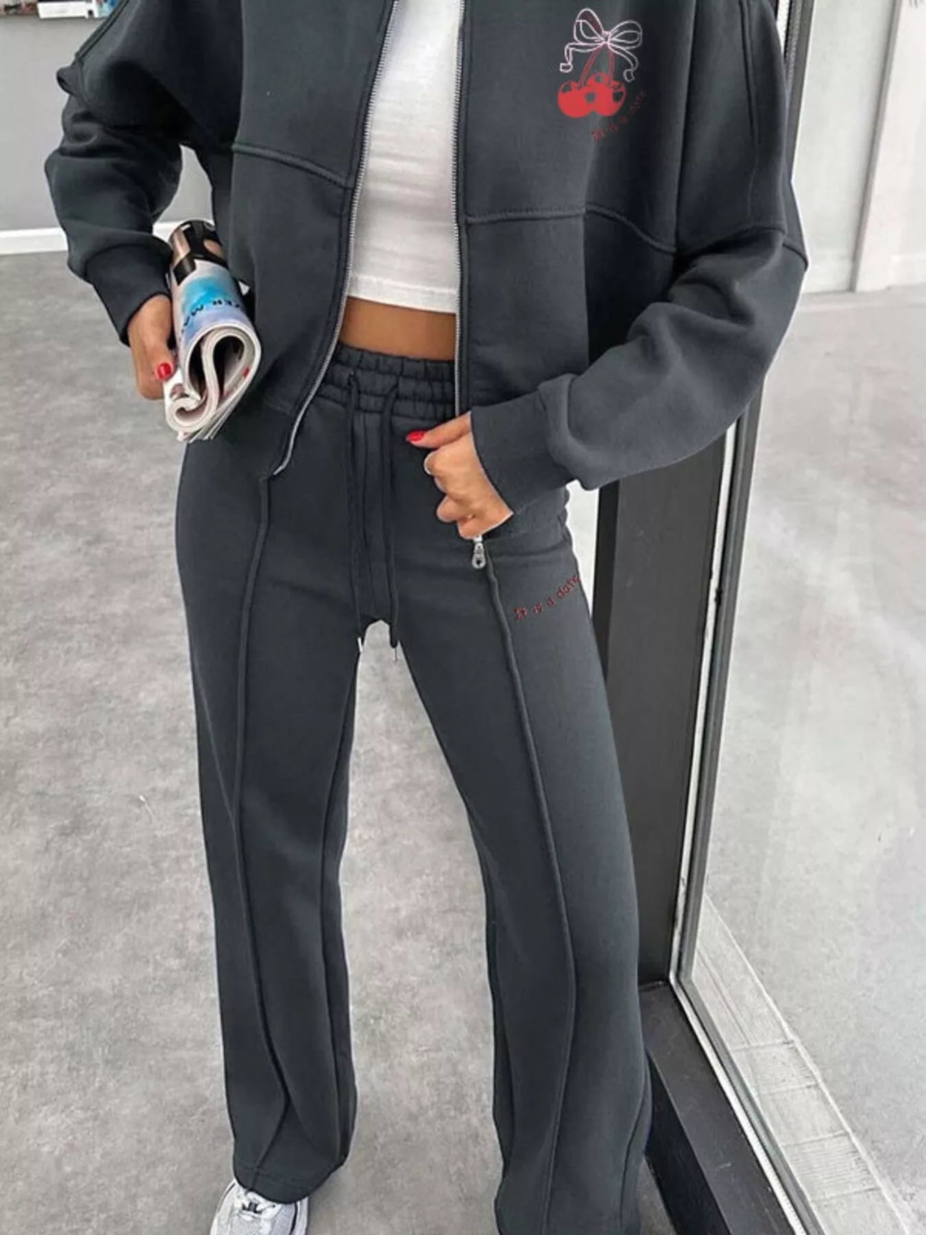 Zip Up Dropped Shoulder Outerwear and Pants Set - DILARIA