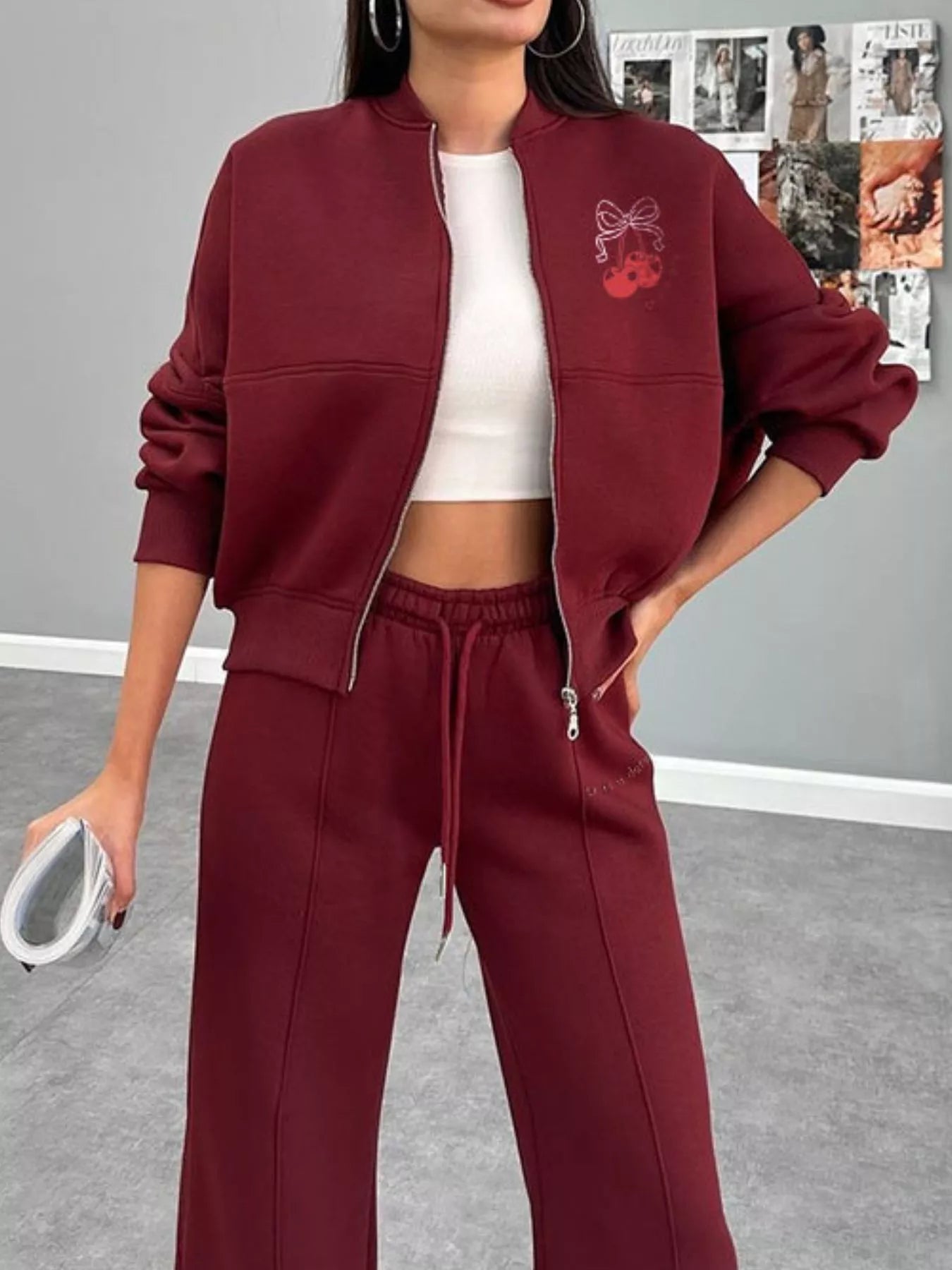 Zip Up Dropped Shoulder Outerwear and Pants Set - DILARIA