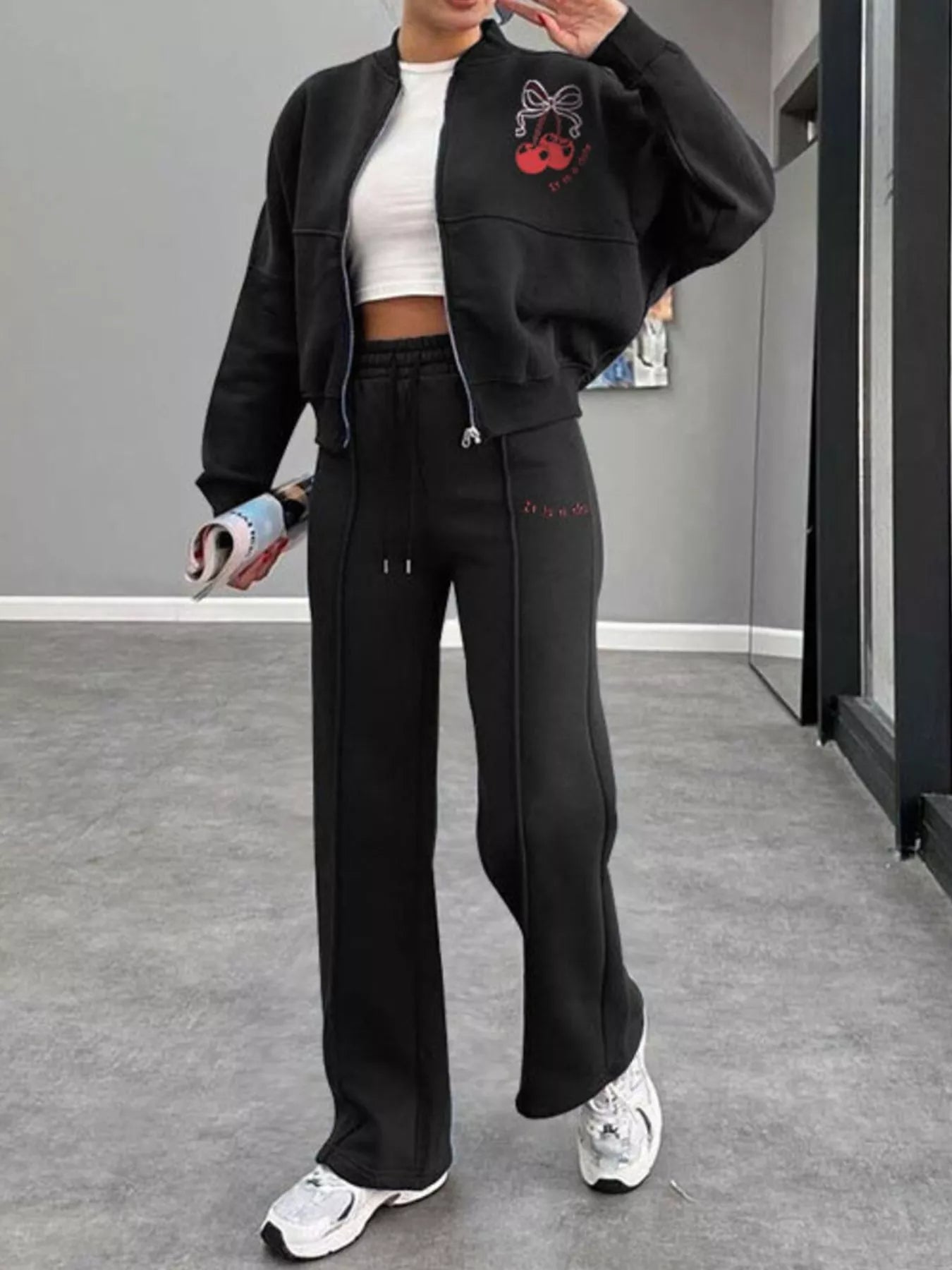 Zip Up Dropped Shoulder Outerwear and Pants Set - DILARIA