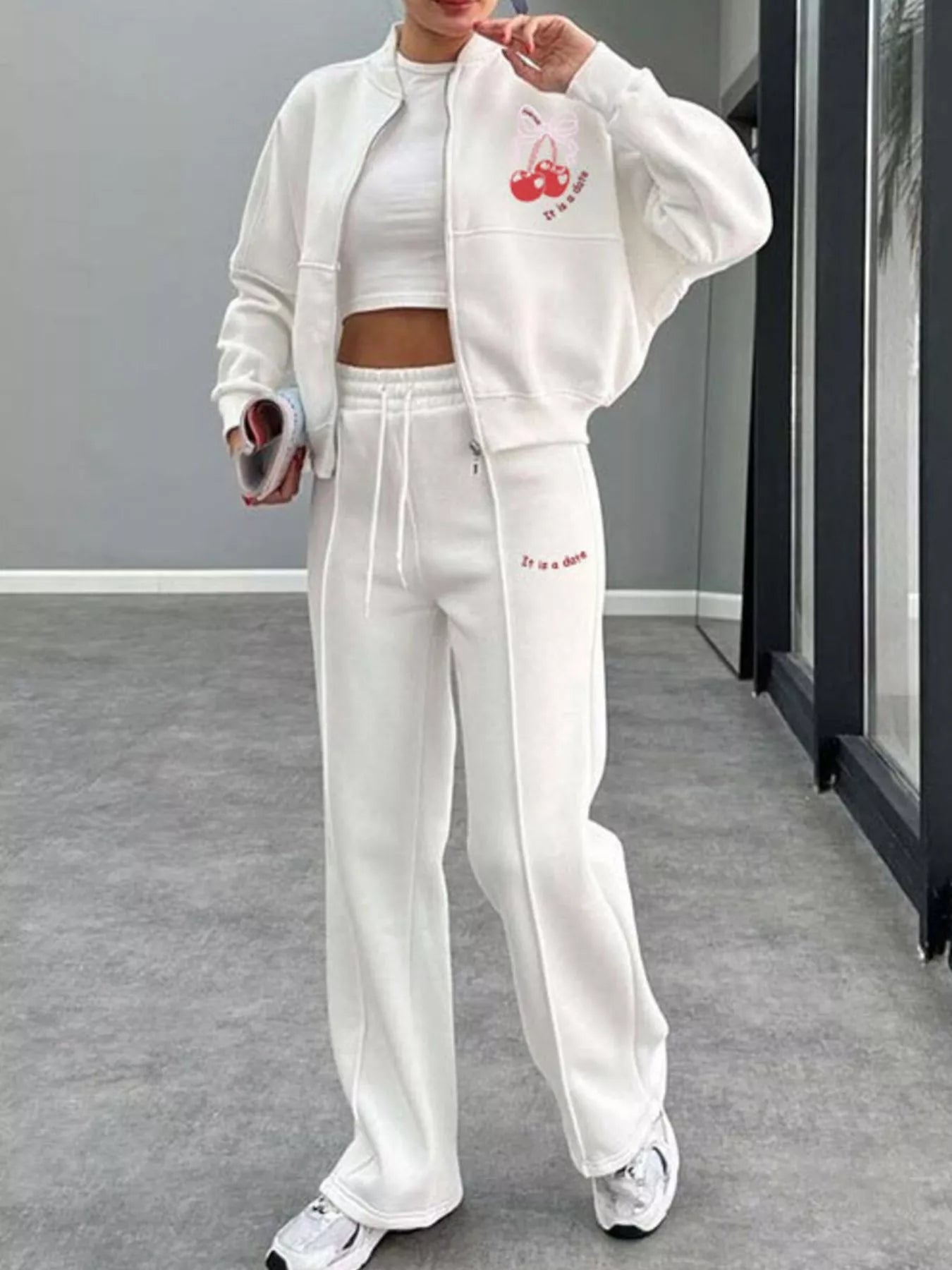 Zip Up Dropped Shoulder Outerwear and Pants Set - DILARIA