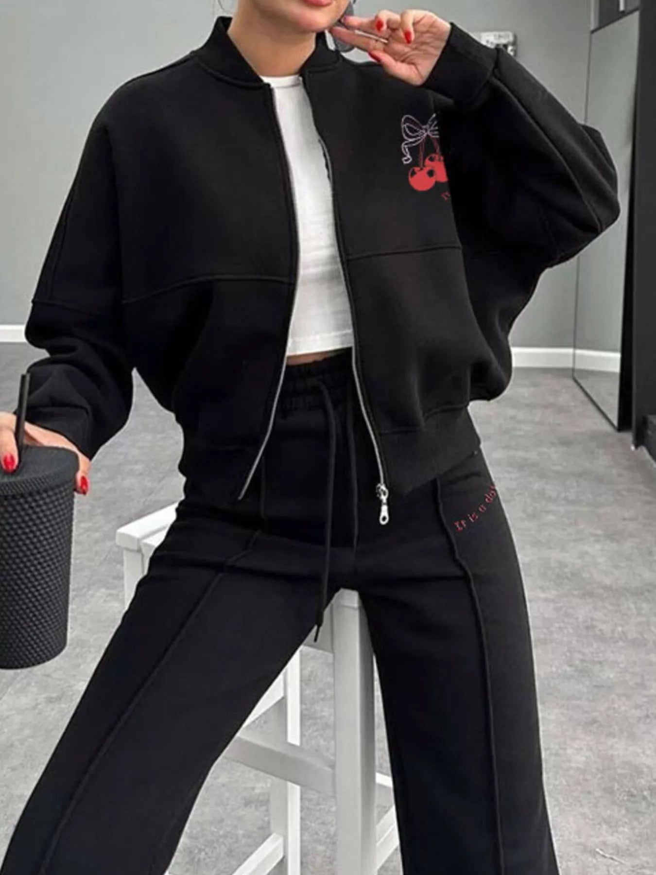 Zip Up Dropped Shoulder Outerwear and Pants Set - DILARIA