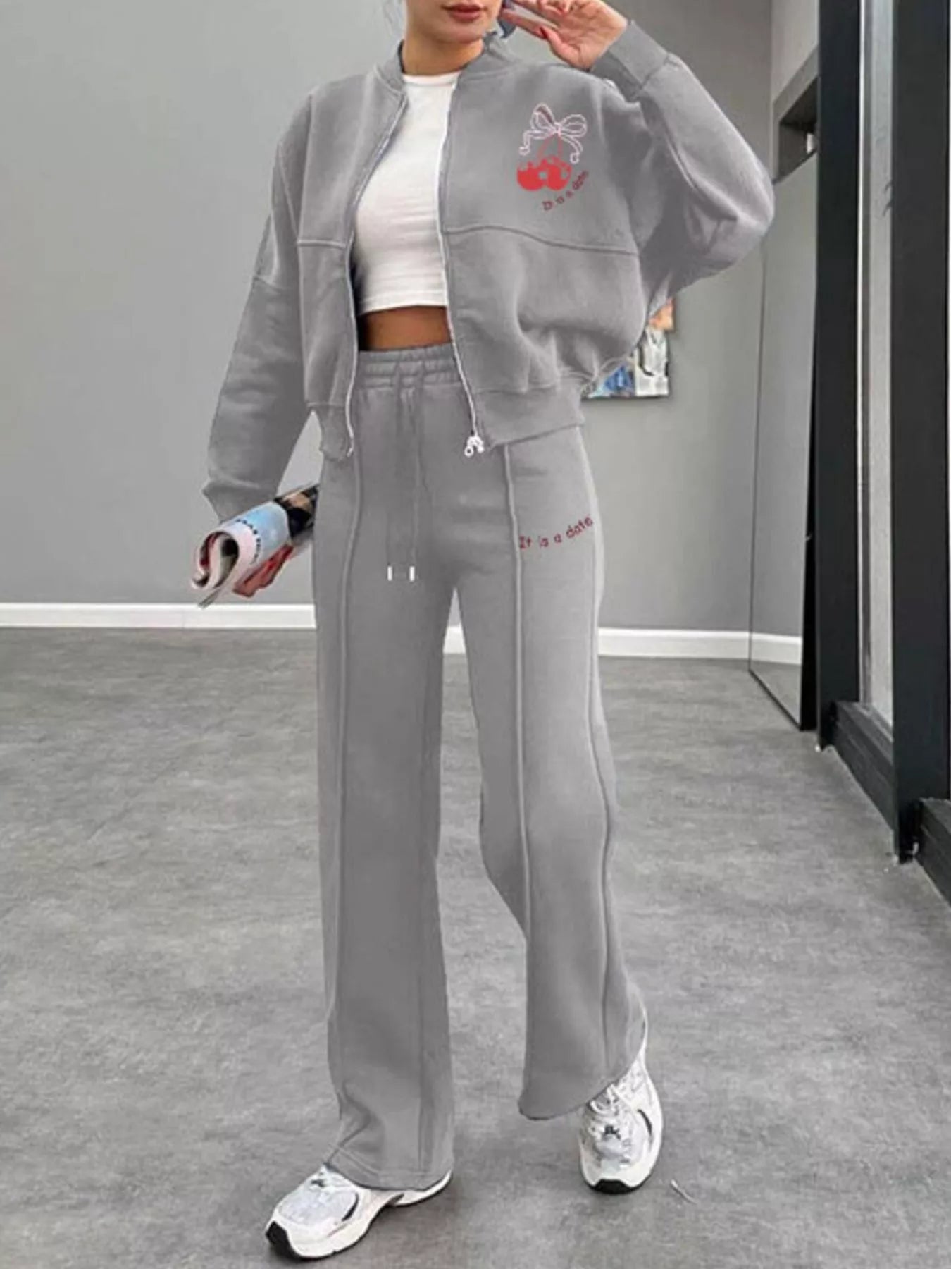 Zip Up Dropped Shoulder Outerwear and Pants Set - DILARIA