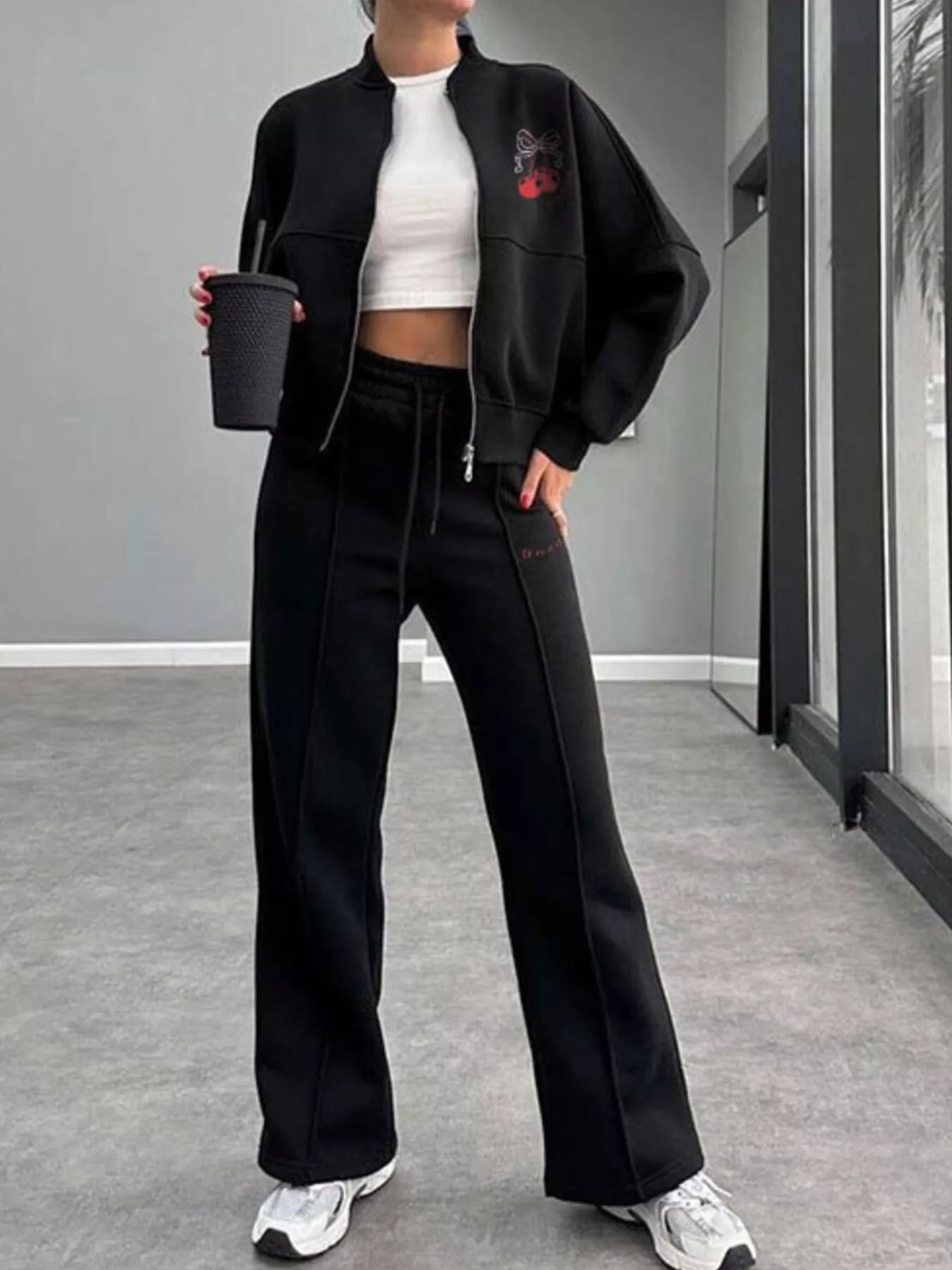 Zip Up Dropped Shoulder Outerwear and Pants Set - DILARIA