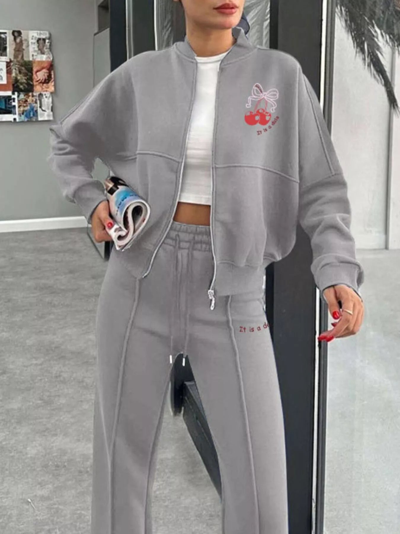 Zip Up Dropped Shoulder Outerwear and Pants Set - DILARIA