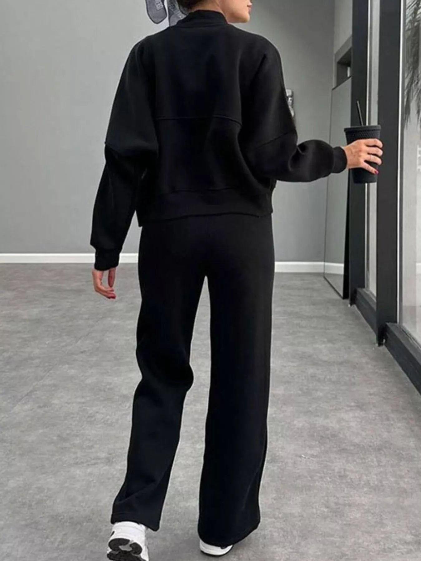 Zip Up Dropped Shoulder Outerwear and Pants Set - DILARIA