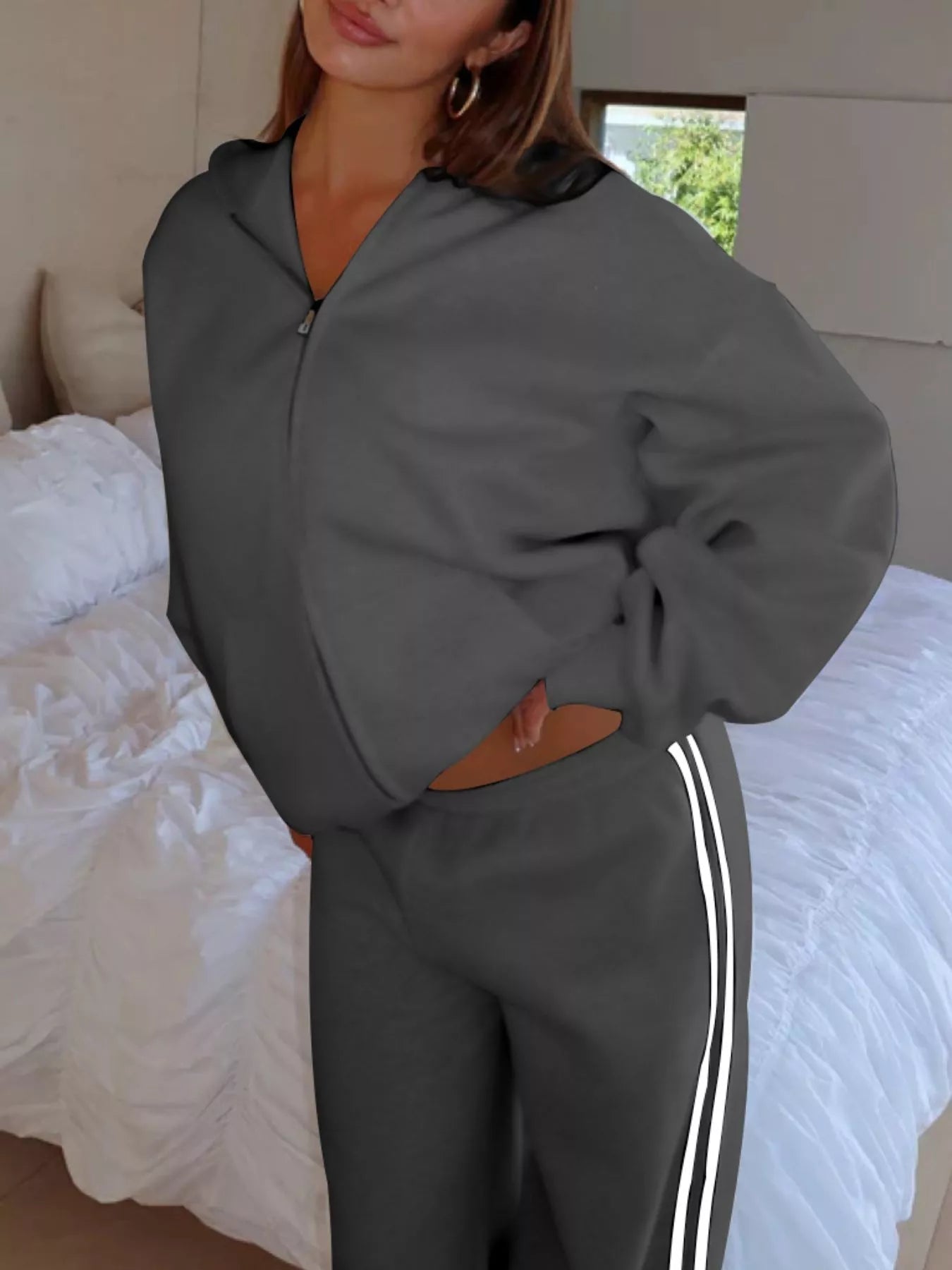 Zip Up Hoodie and Striped Pants Set - DILARIA