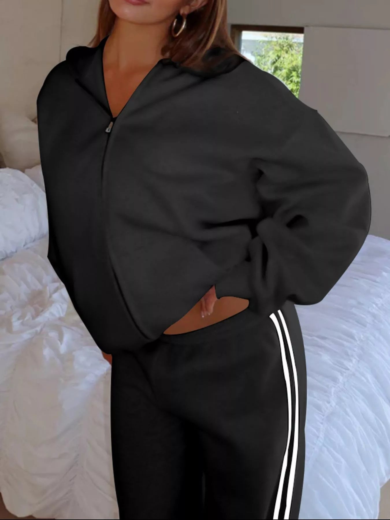 Zip Up Hoodie and Striped Pants Set - DILARIA