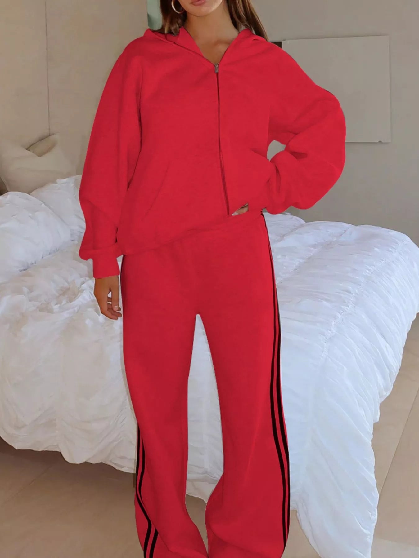 Zip Up Hoodie and Striped Pants Set - DILARIA