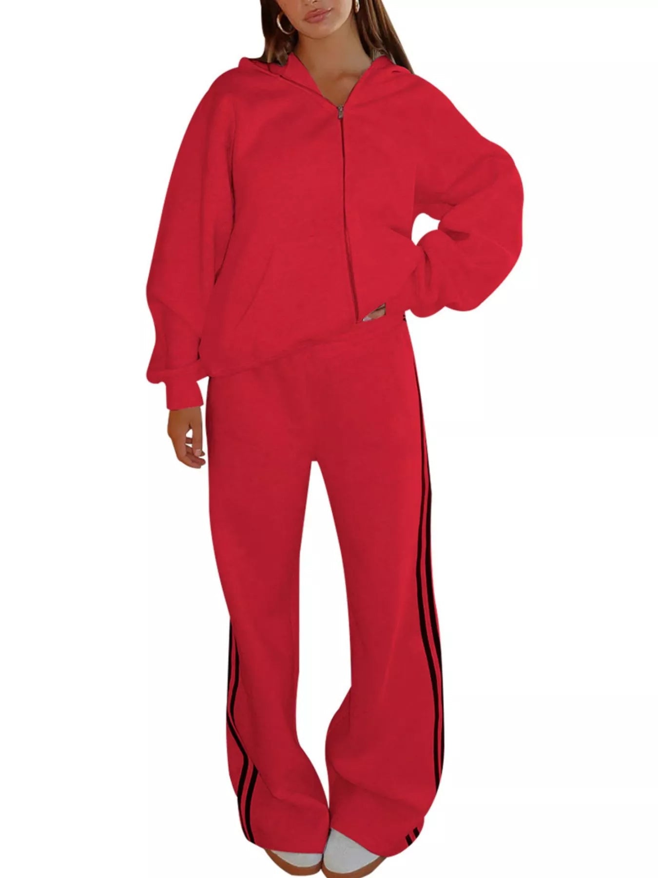 Zip Up Hoodie and Striped Pants Set - DILARIA