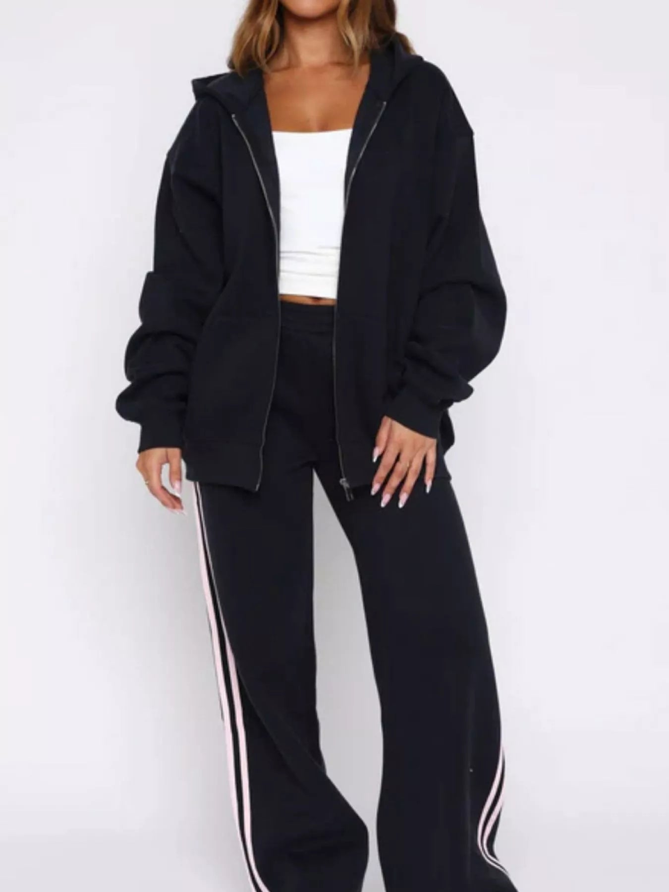Zip Up Hoodie and Striped Pants Set - DILARIA