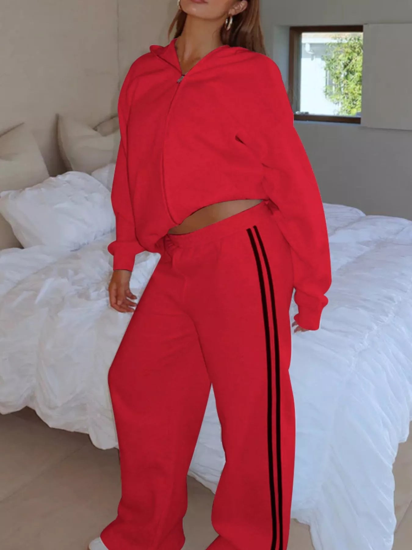 Zip Up Hoodie and Striped Pants Set - DILARIA