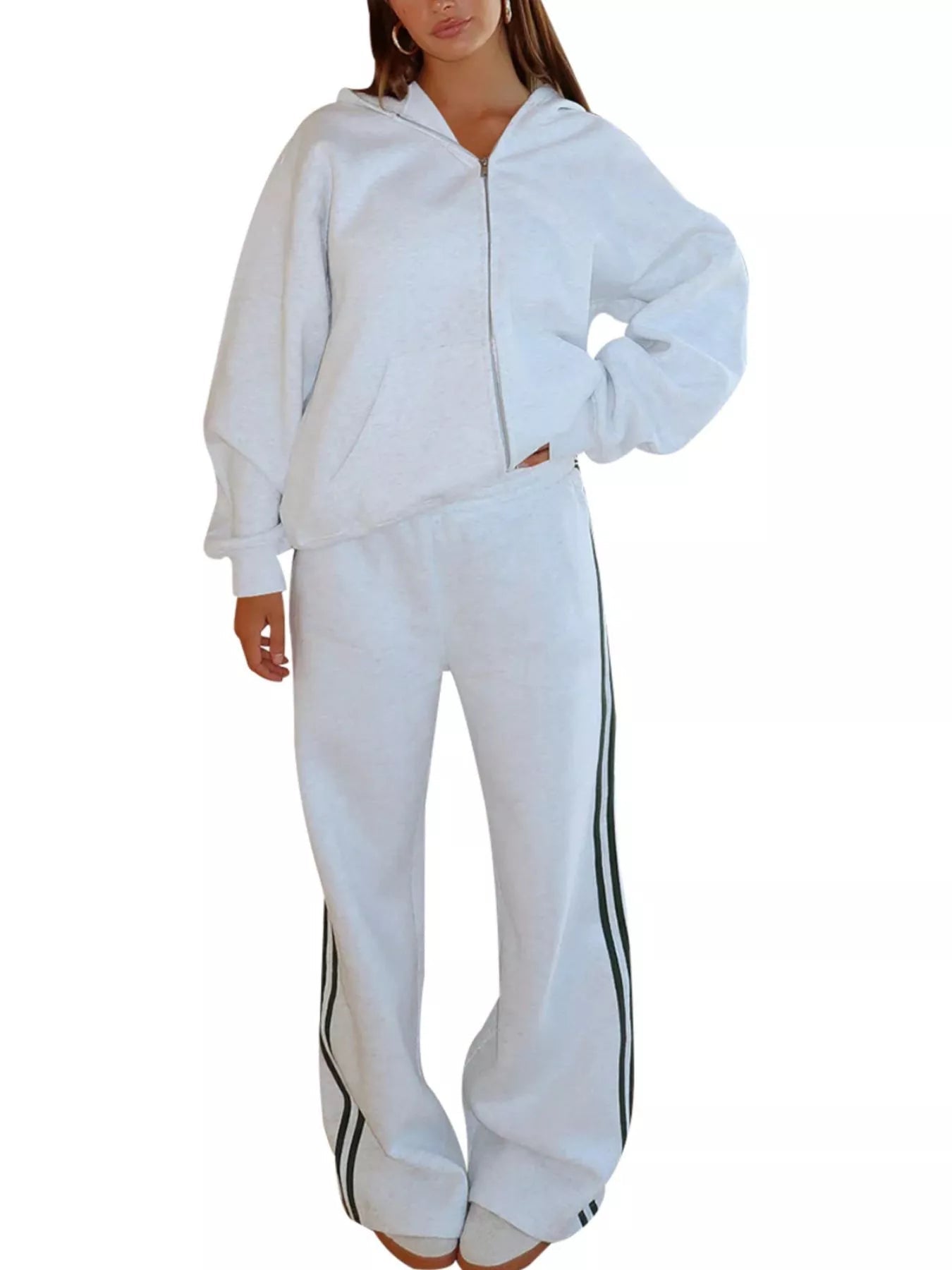 Zip Up Hoodie and Striped Pants Set - DILARIA