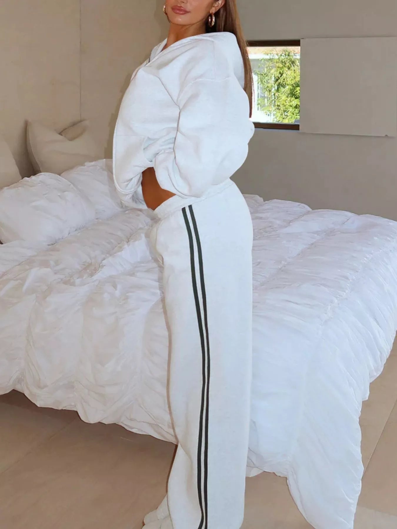 Zip Up Hoodie and Striped Pants Set - DILARIA