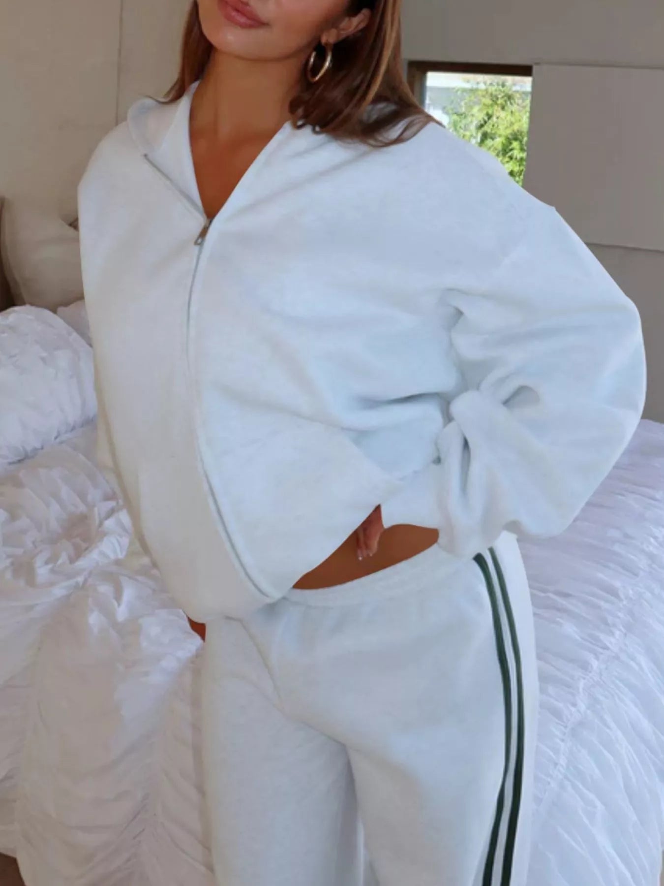 Zip Up Hoodie and Striped Pants Set - DILARIA