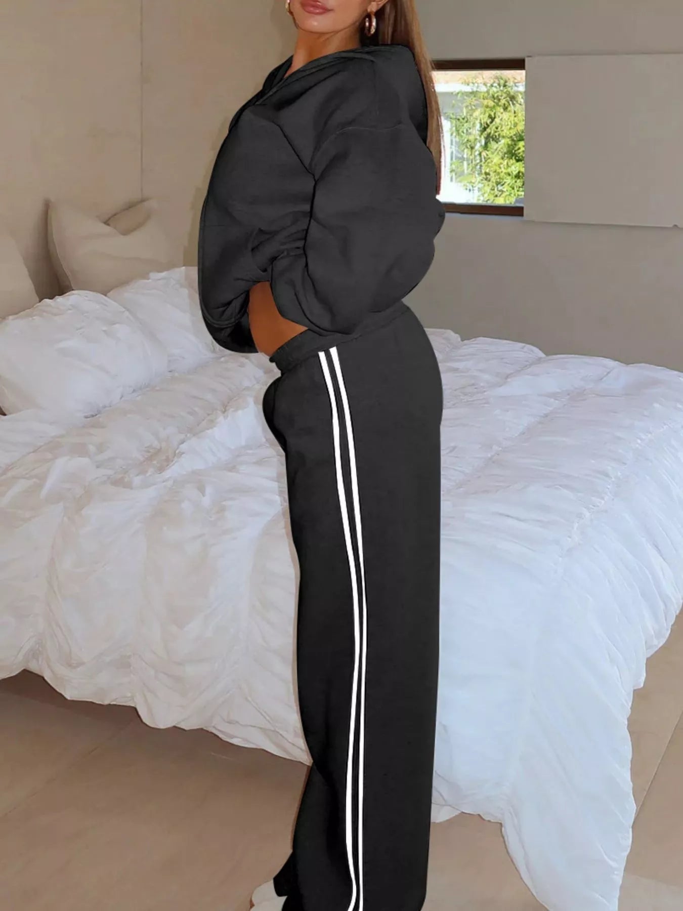 Zip Up Hoodie and Striped Pants Set - DILARIA