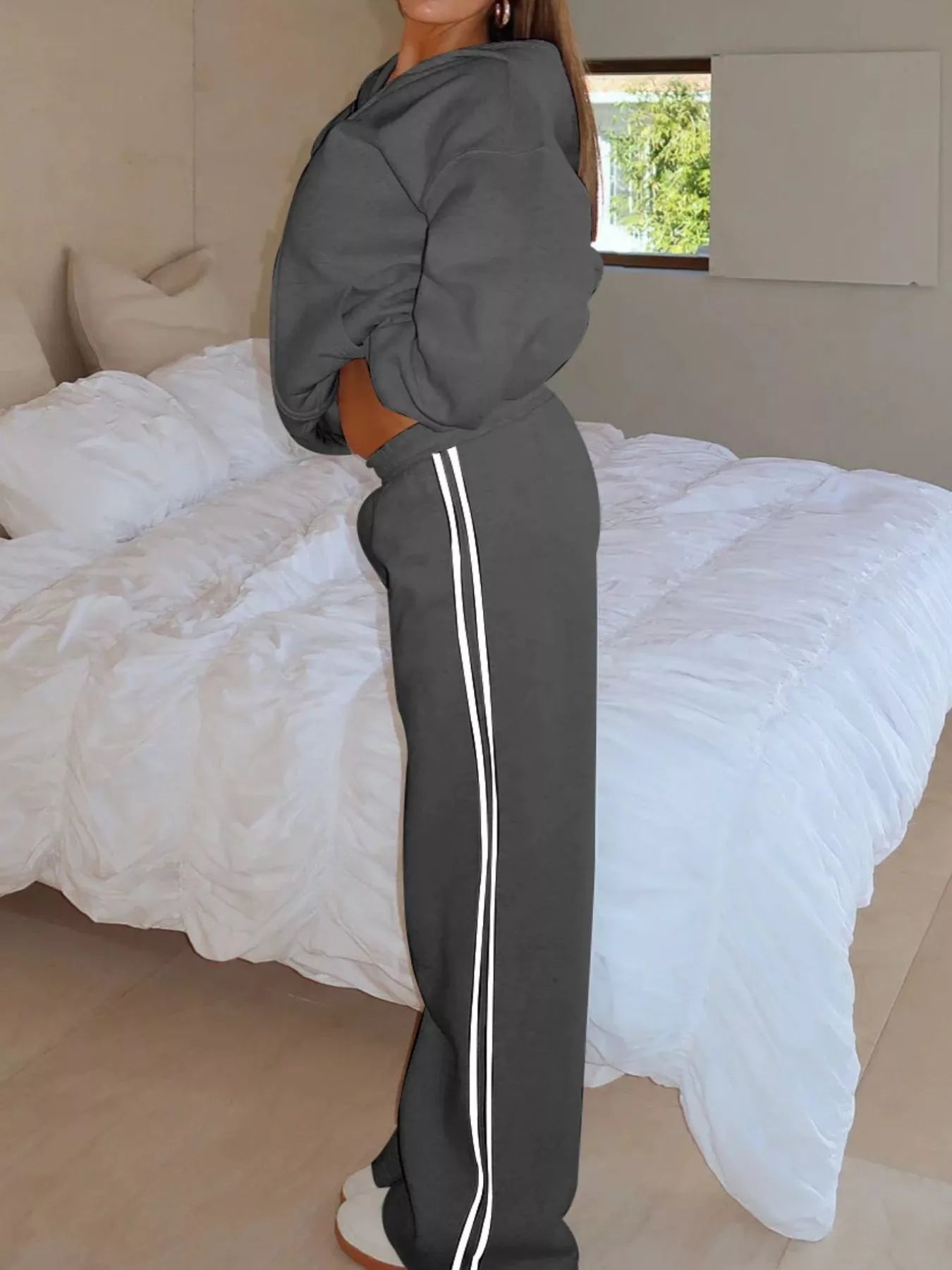 Zip Up Hoodie and Striped Pants Set - DILARIA