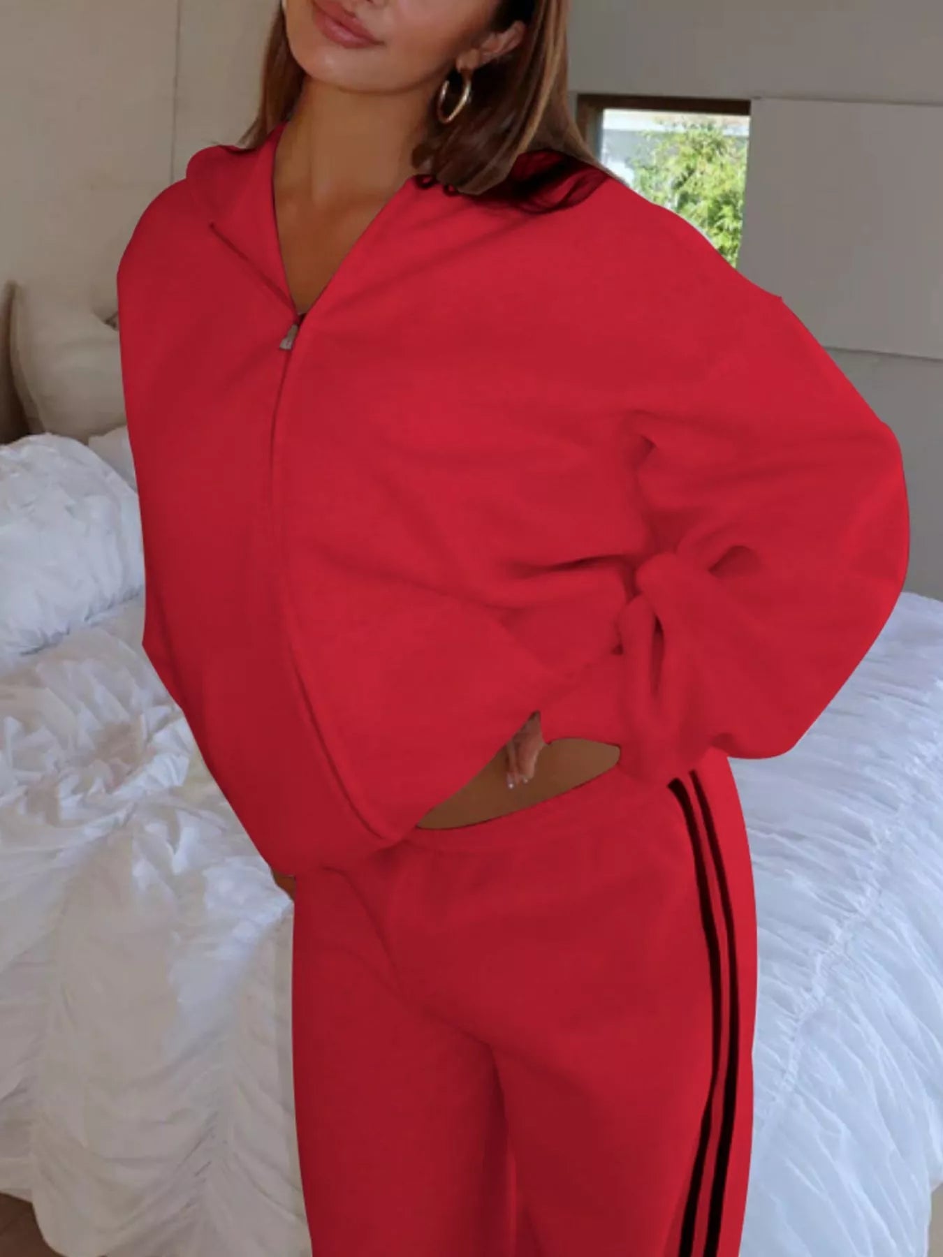 Zip Up Hoodie and Striped Pants Set - DILARIA