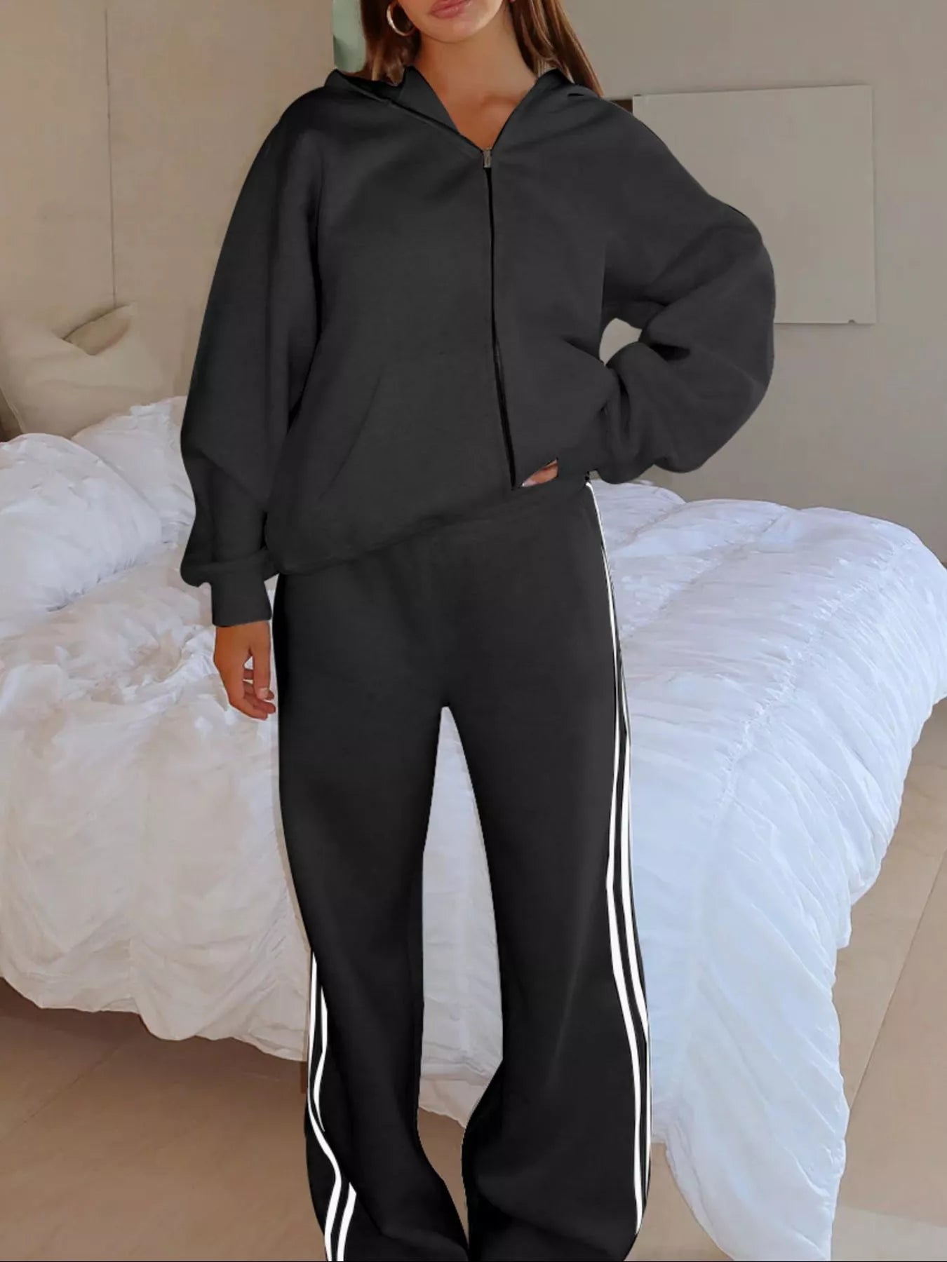 Zip Up Hoodie and Striped Pants Set - DILARIA