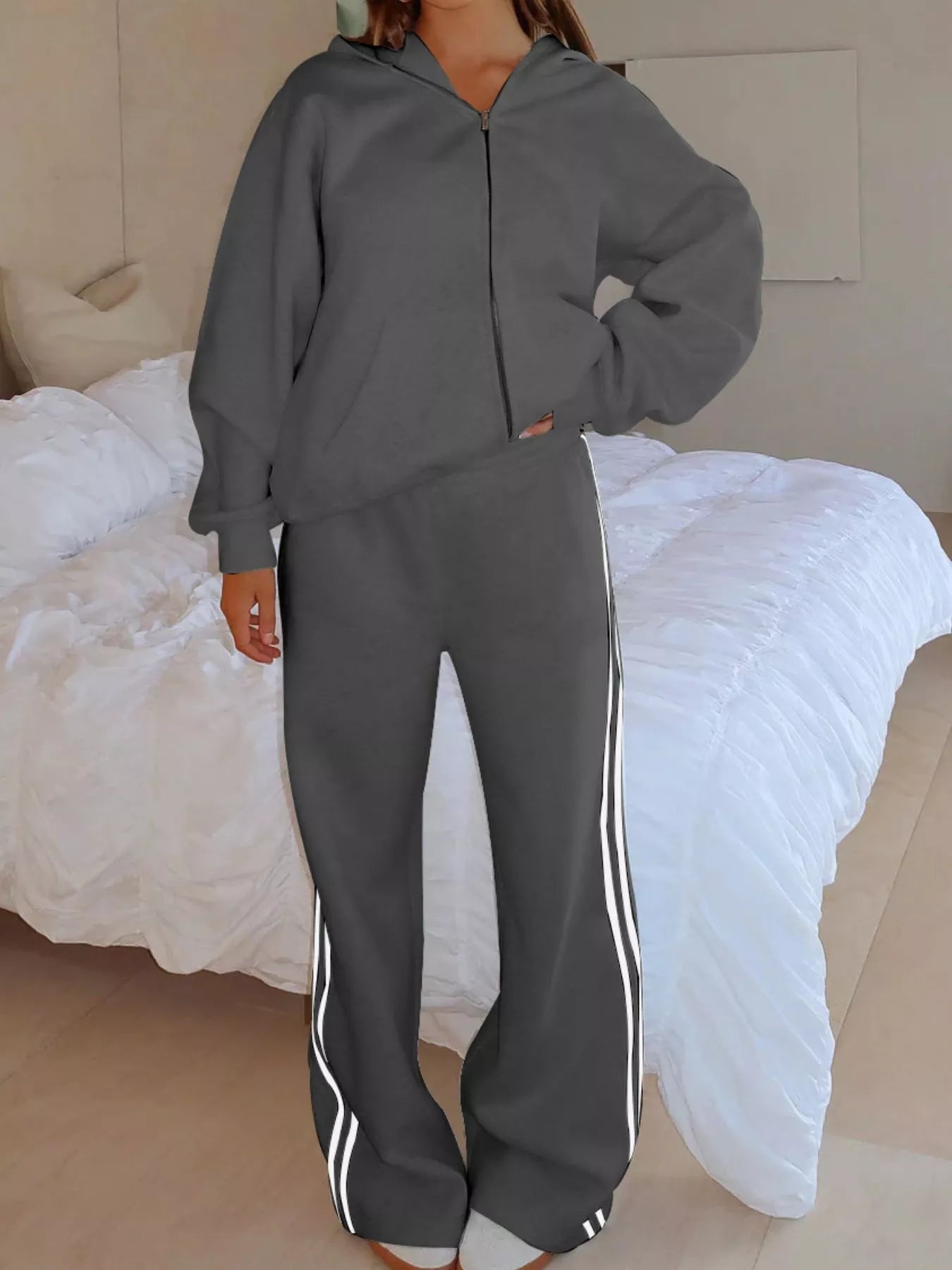 Zip Up Hoodie and Striped Pants Set - DILARIA