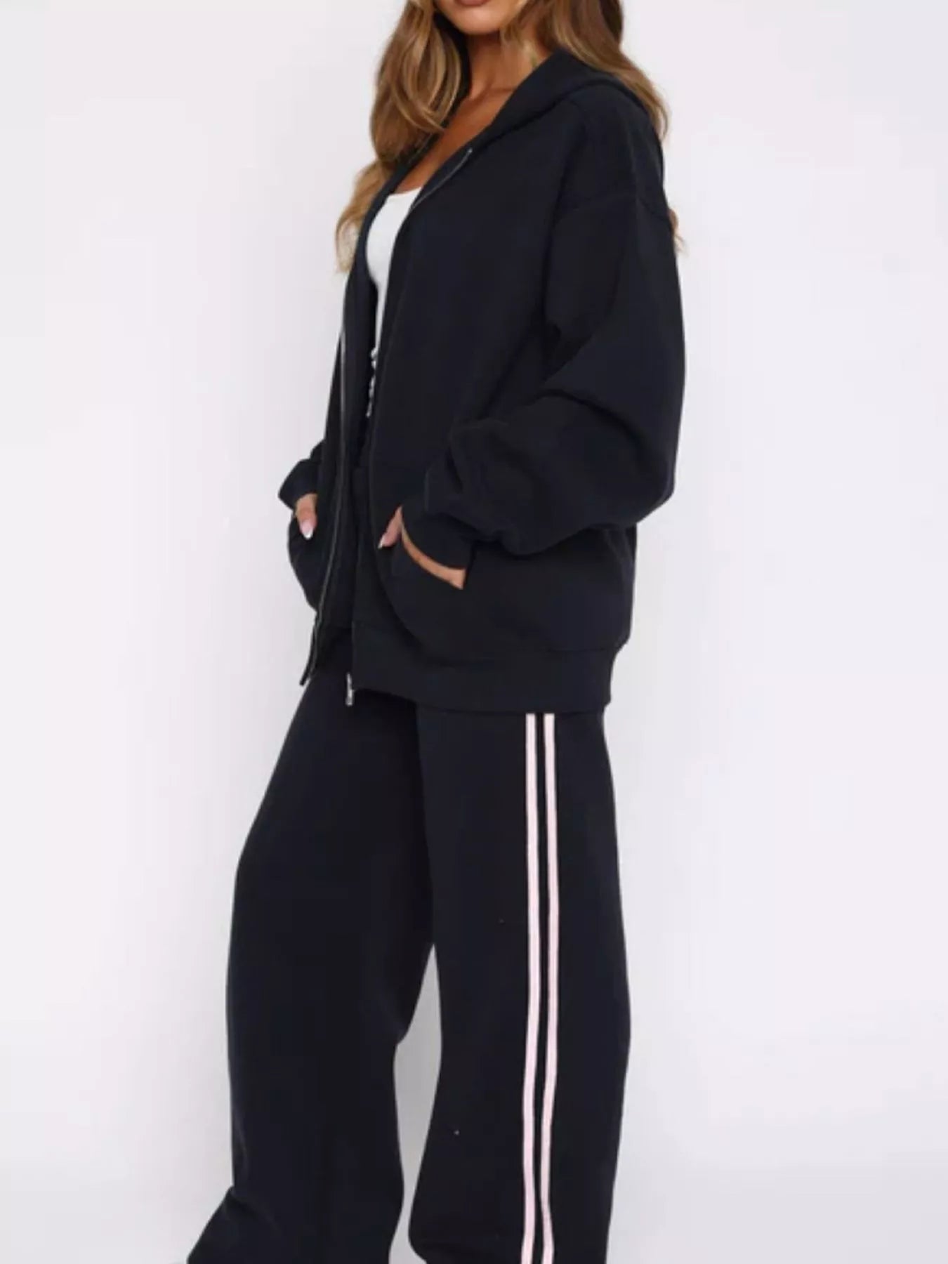 Zip Up Hoodie and Striped Pants Set - DILARIA
